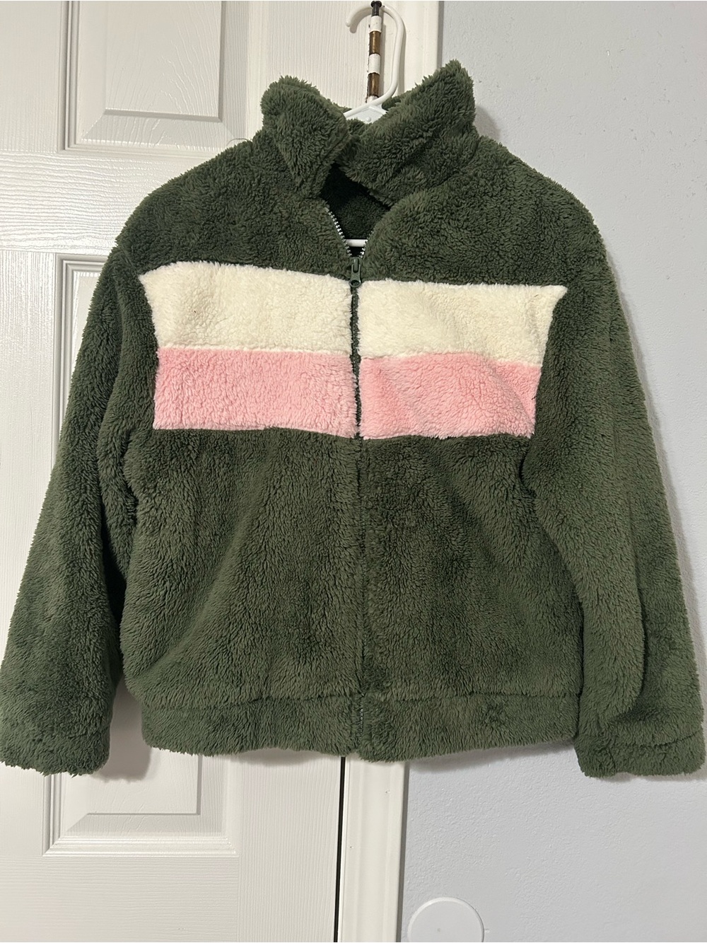 wonder nation Olive Green Sherpa Zip Jacket with Cream and Pink Stripes